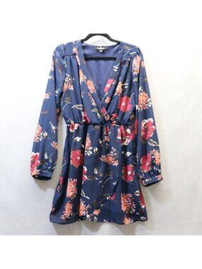 Lulus Pretty Pretender Navy Blue Floral Long Sleeve Faux Wrap Dress Large